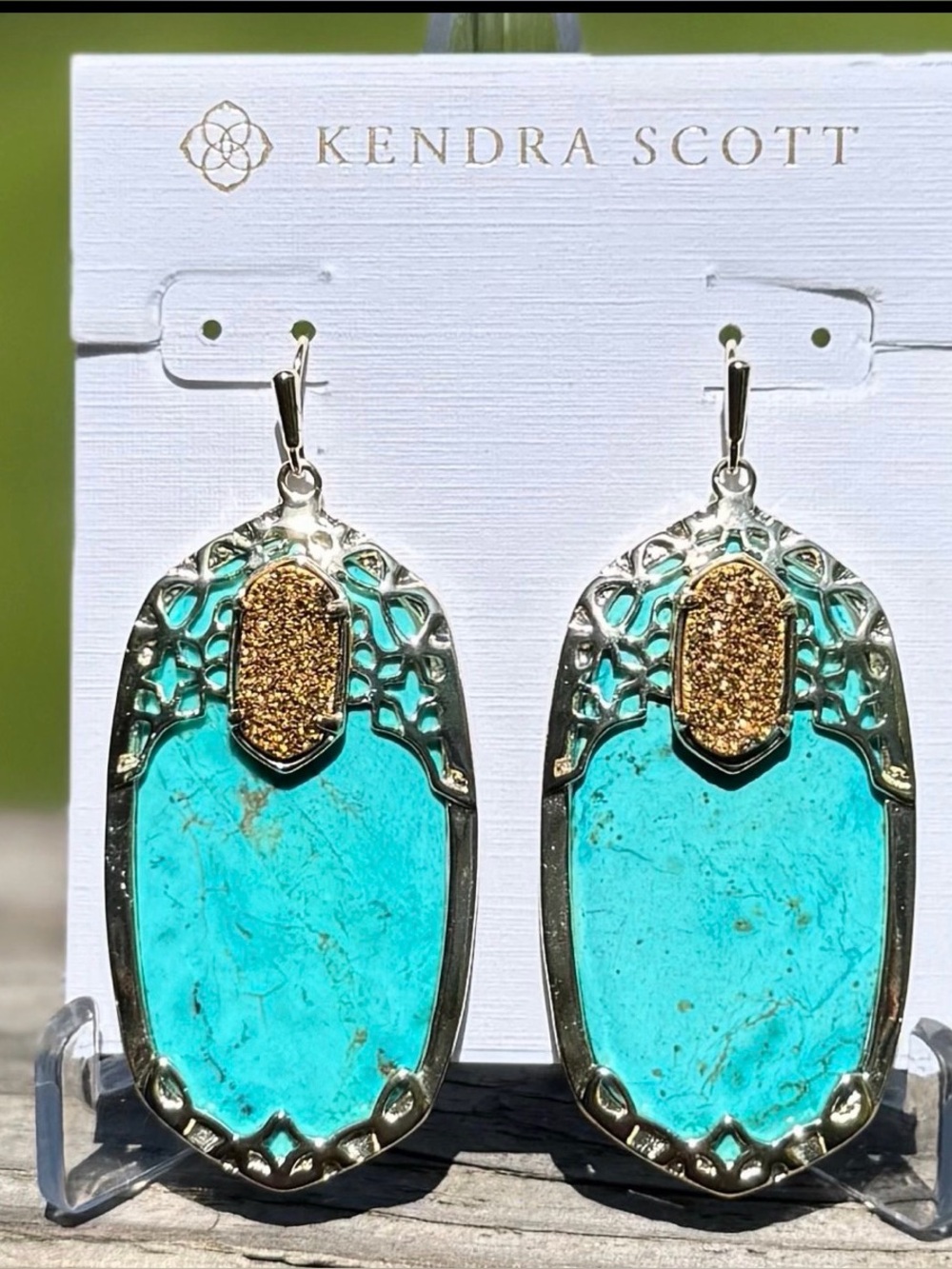 NWOT Kendra Scott Deva earrings Glam Rocks featuring Turq & Gold drusy stone